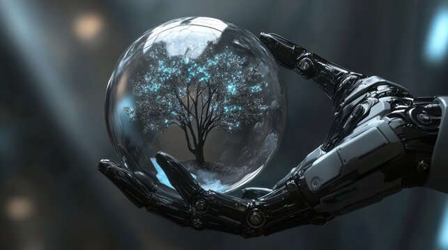 Robotic hand gently cradles a glowing tree within a glass sphere
