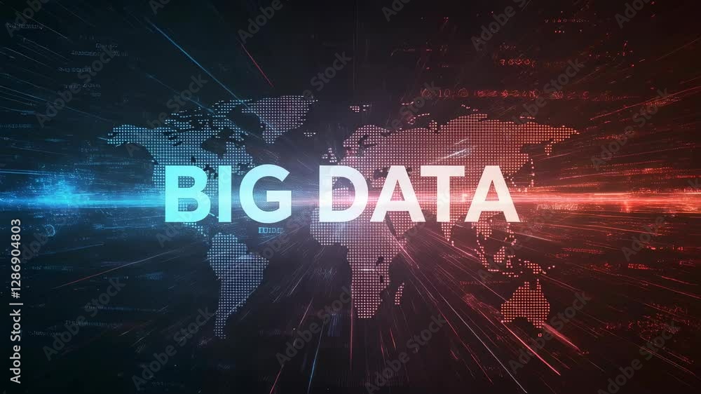 Poster Big data visualization with world map. Global technology network concept. Digital transformation and information analysis. Futuristic data processing and analytics