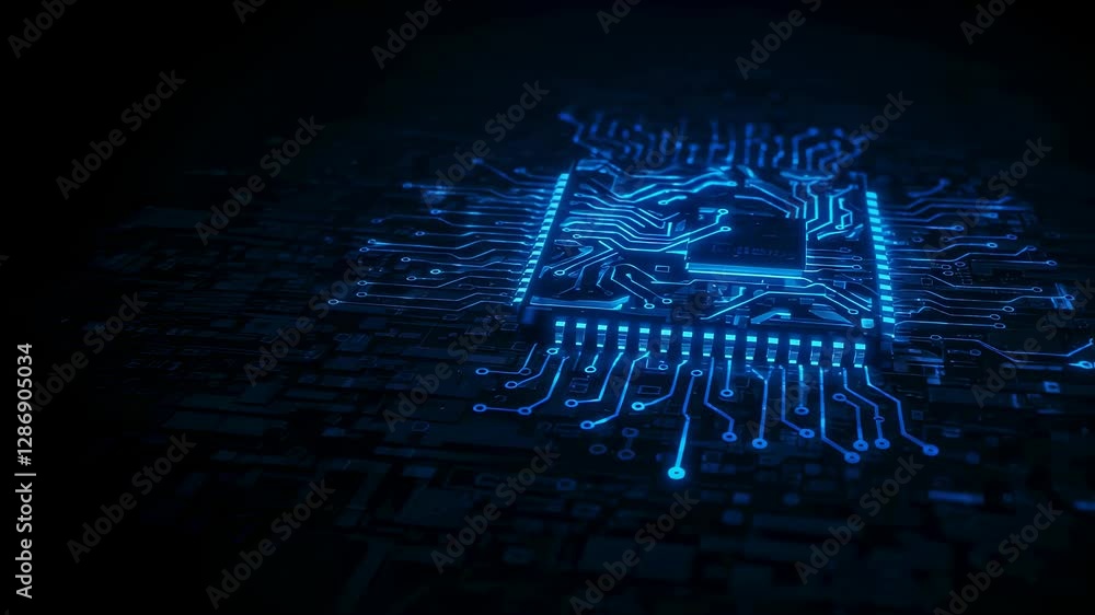 Poster blue glowing circuit board. digital microchip technology concept. futuristic electronic components. 