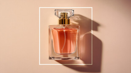 Luxurious Perfume Bottle with Soft Pink Liquid and Gold-Toned Spray Nozzle, Framed by a White Geometric Border on Beige Background, Creating a Feminine and Timeless Ambiance