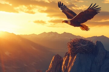 Obraz premium Eagle soaring above the mountains at sunset with its nest nearby