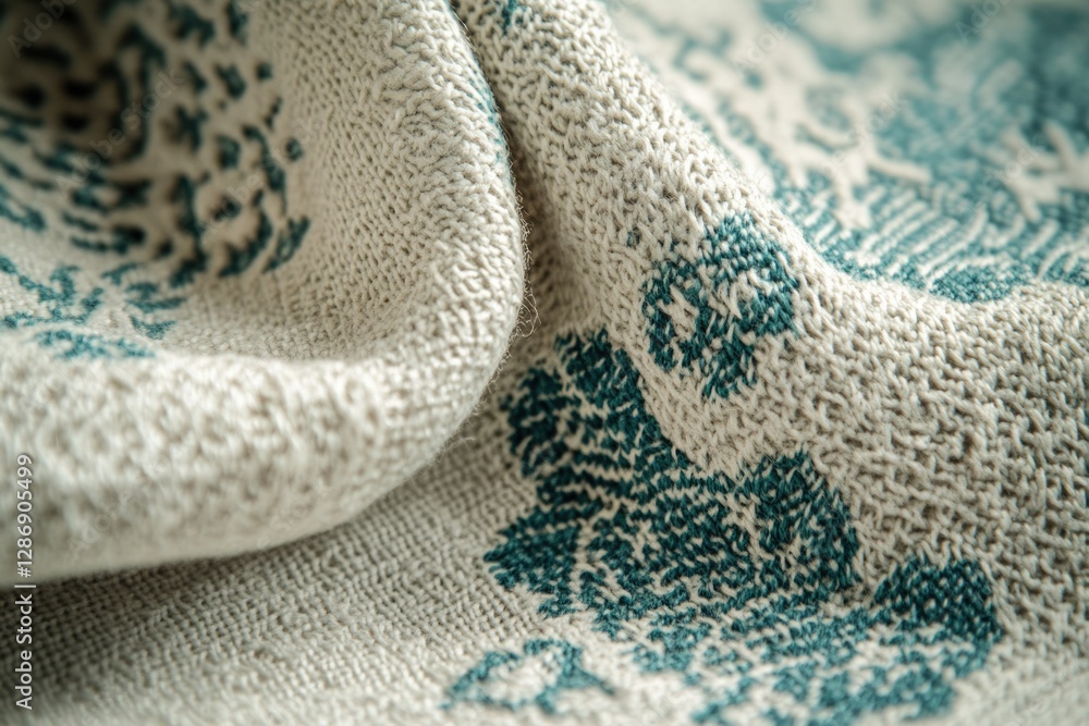Poster Close-up of textured fabric with teal pattern on beige background, showcasing intricate details and soft texture.