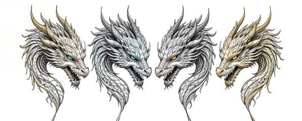Obraz premium Four Dragon Heads Facing Each Other, Fantasy Art Illustration on White