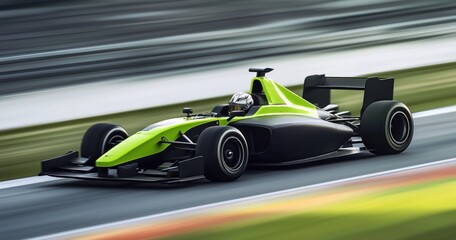 Une voiture de Formule 2 sur un circuit automobile, livr&eacute;e de couleur noir et vert, flou de mouvement symbolisant une vitesse &eacute;lev&eacute;e sur la piste.