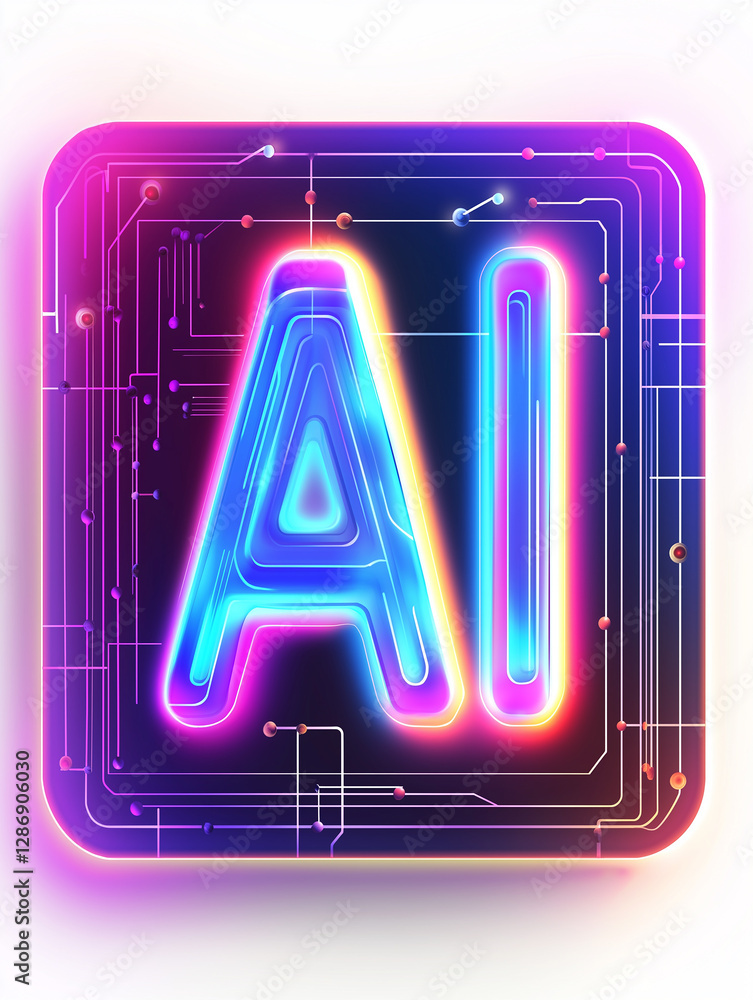 Poster neon artificial intelligence sign glowing on circuit board
