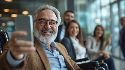 Smiling businessman confidently enjoying time with friends in a modern setting