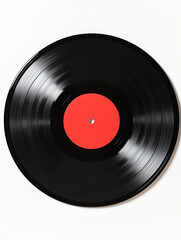 Obraz premium Black vinyl record with red label on white background
