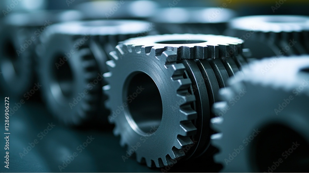 Poster close-up of metallic gears in a factory setting