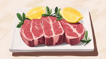 Fototapeta premium Artistic Illustration of Raw Meat with Lemon and Fresh Herbs