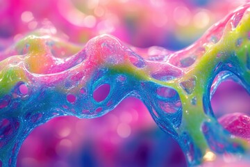 A vibrant, iridescent slime with a porous, web-like texture, exhibiting a rainbow of colors.