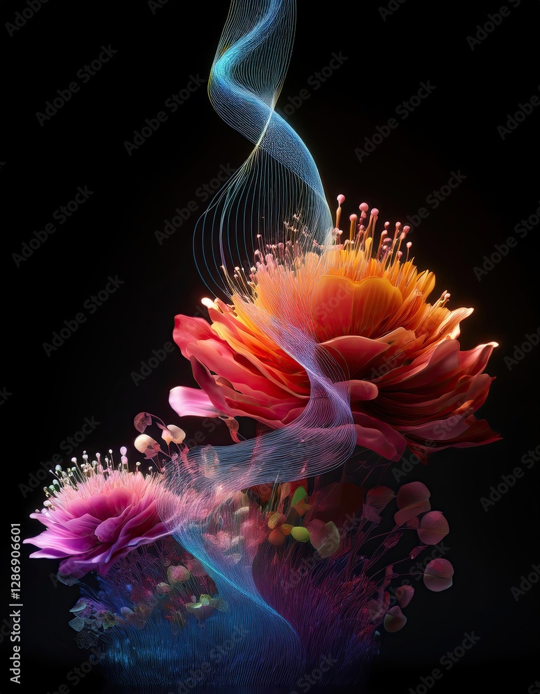 Poster sound waves intertwine with vibrant blossoms in a mesmerizing floral display
