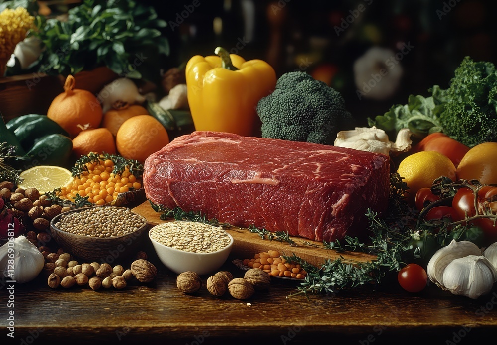 Poster fresh raw meat surrounded by colorful vegetables and nuts on a rustic table with natural lighting id