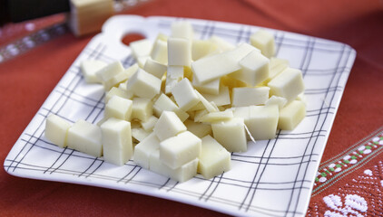 Old cheeses in a market