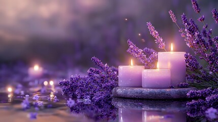 Lavender Candles and Blossoms Creating a Calm and Relaxing Atmosphere