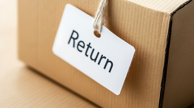 A cardboard box with a white tag reading "Return" attached by a string, indicating the contents are being sent back or exchanged.