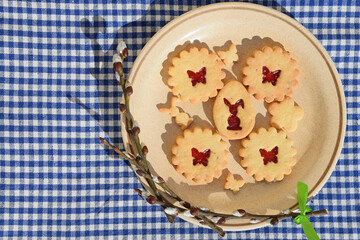 Linzer cookies filled with strawberry jam. Easter baking