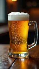 Golden beer in chilled mug on dark wood tabletop, drinkware, background, home