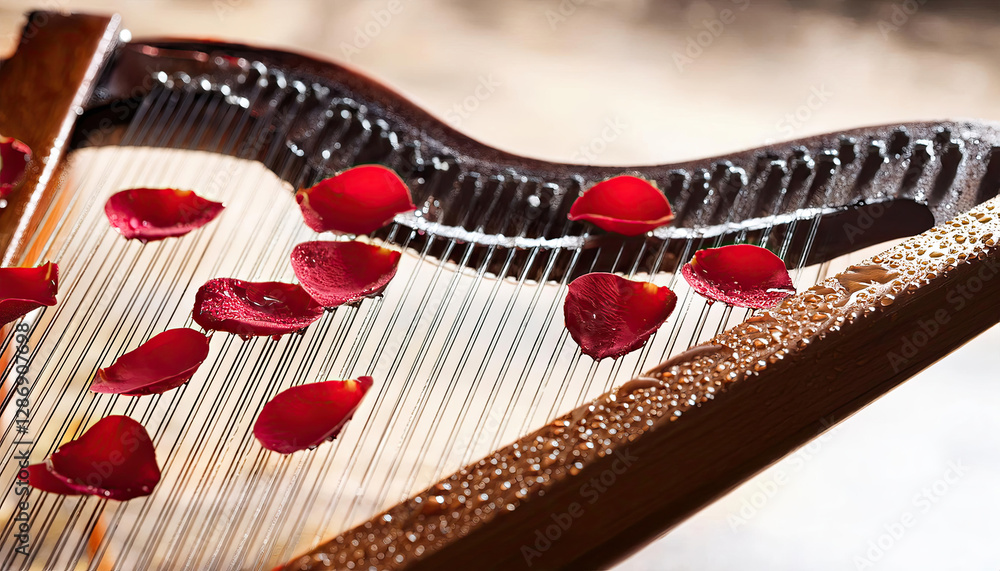 Aufkleber harp strings adorned with dew-kissed rose petals create a serene melody of nature