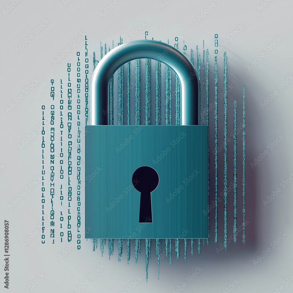 Fototapete Closed padlock protecting binary code data stream: cybersecurity concept