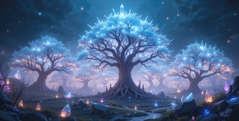 Obraz premium Glowing Forest with Mystical Trees and Crystals Under Starry Night