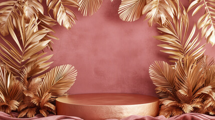 Elegant Matte Rose Gold Circular Podium with Golden Palm Leaves Against Deep Pink Velvet Backdrop for Luxury and Exotic Product Display