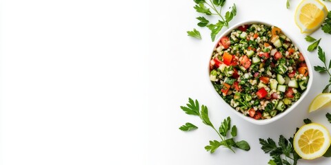 food advertisement design, a sleek, modern ad design for food, featuring a vibrant tabouleh salad on a clean, white background with artistic elements stylishly placed text space is also incorporated
