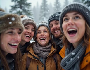 Fototapeta premium A group of friends celebrates winter in a snowy location, sharing laughter and joy while snowflakes gently fall around them, creating lasting memories together. Generative AI