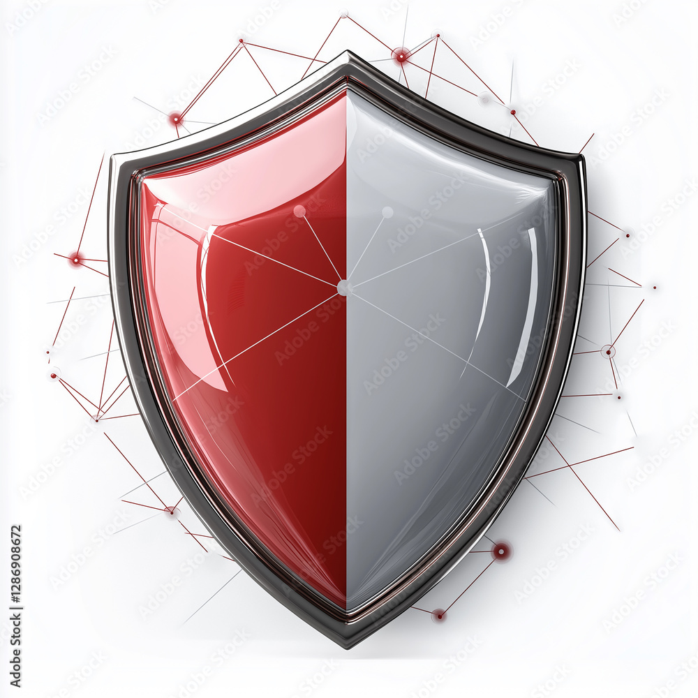Poster Red and grey shield protecting data and connections representing security