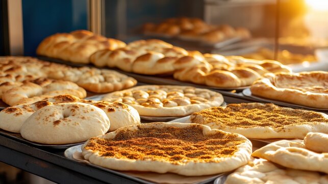 middle eastern bakery scene, a middle eastern bakery at sunrise with trays of manakish, zaatar bread, and fresh pita lined up, basking in the morning light