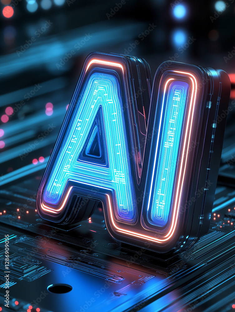 Poster neon artificial intelligence logo shining on circuit board