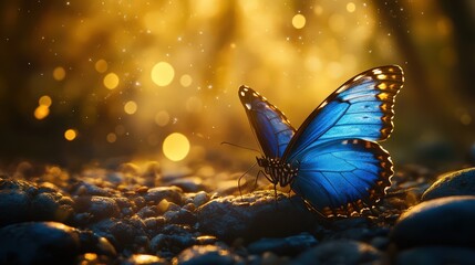 Vivid blue butterfly flying through sun-dappled forest, glowing wings.