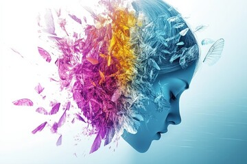 Digital Illustration of Emotional Visual Storytelling: Colorful Human Profile with Nature-Inspired Abstract Art and Creative Design..Mental Health & Self-Care Journey