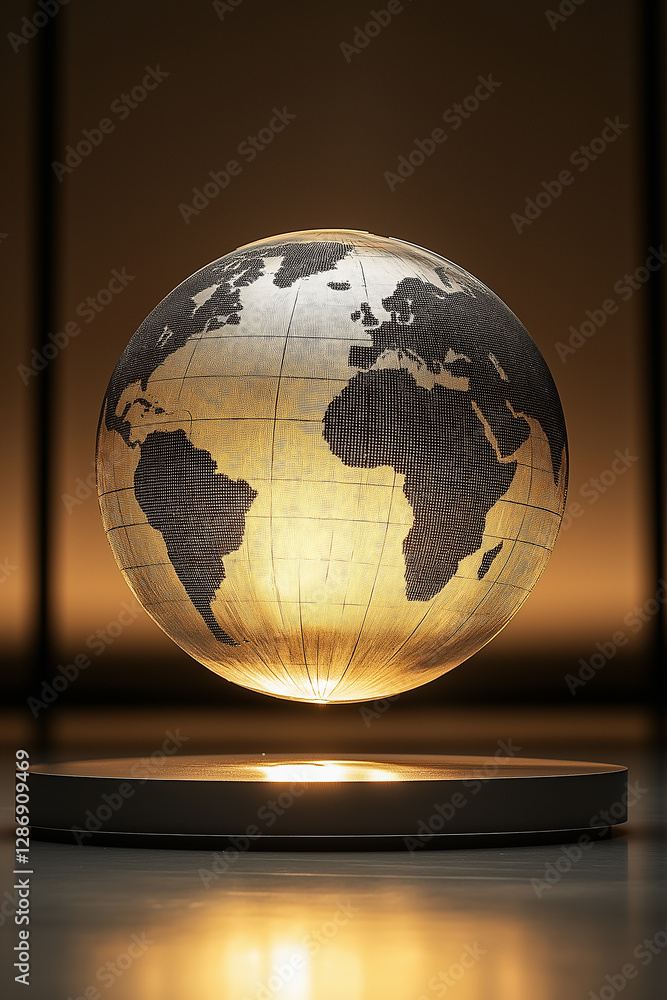Aufkleber levitating globe rotating on magnetic base, illuminated world map