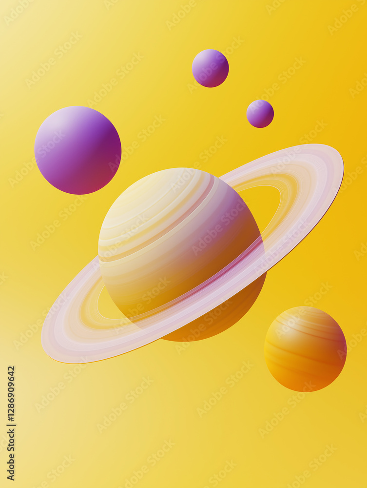 Aufkleber Saturn planet rotating with moons on yellow gradient background