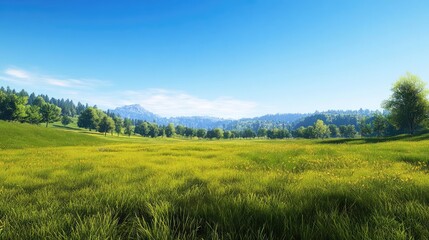 Fototapeta premium Lush Verdant Green Meadow Under a Clear Blue Sky Evoking Tranquility and Natural Beauty in a Serene Rural Landscape