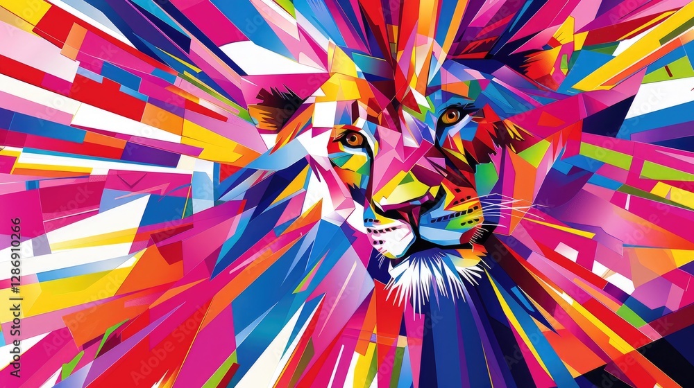 Poster a vibrant, abstract depiction of a lion's face, bursting with colorful geometric shapes and dynamic 