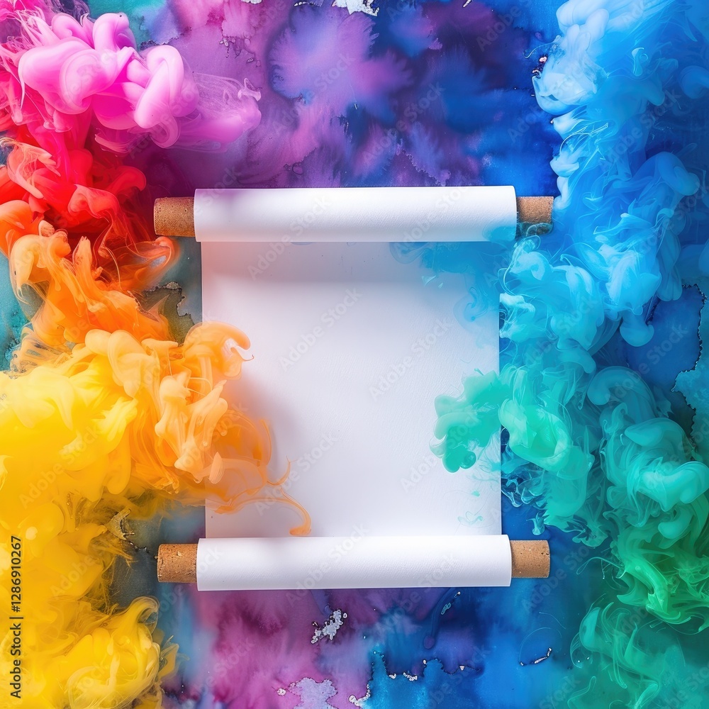 Aufkleber a colorful burst of smoke surrounds a blank scroll, creating a vibrant and artistic backdrop ideal f