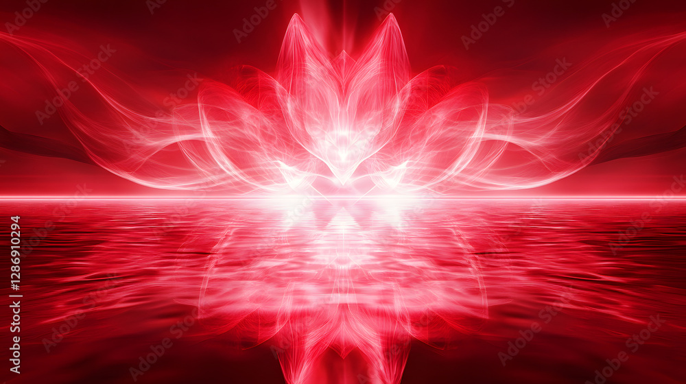 Poster red and white abstract background featuring large flower design with tulips and fluid patterns