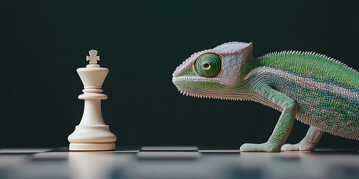 Chameleon chess strategy: This image features a green chameleon facing a white chess king piece on a chessboard, emphasizing the concept of adaptation and planning.