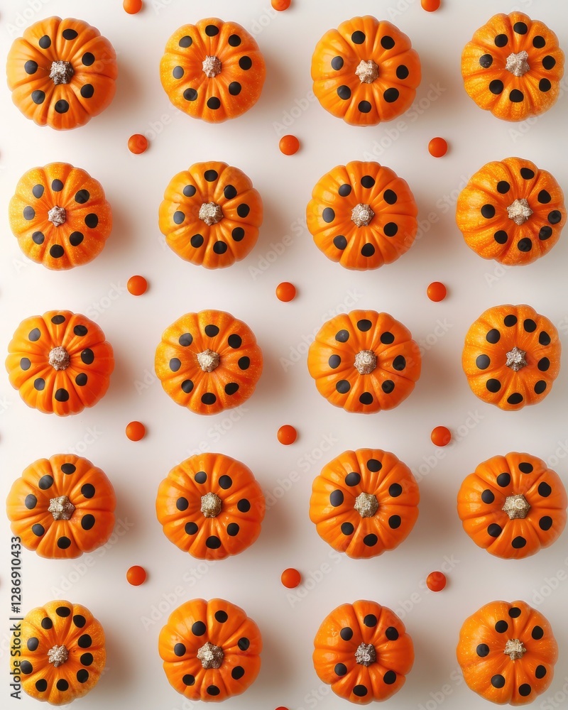 Poster a vibrant display of orange pumpkin-shaped decorations arranged in a grid pattern, complemented by s