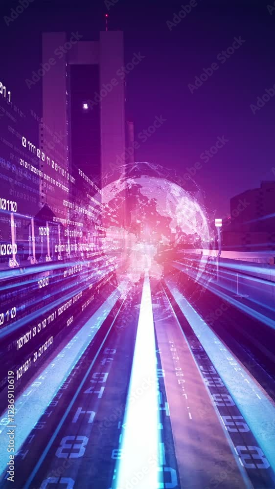 Poster digital data flow on road in concept of cyber global communication and coding with graphic creating 