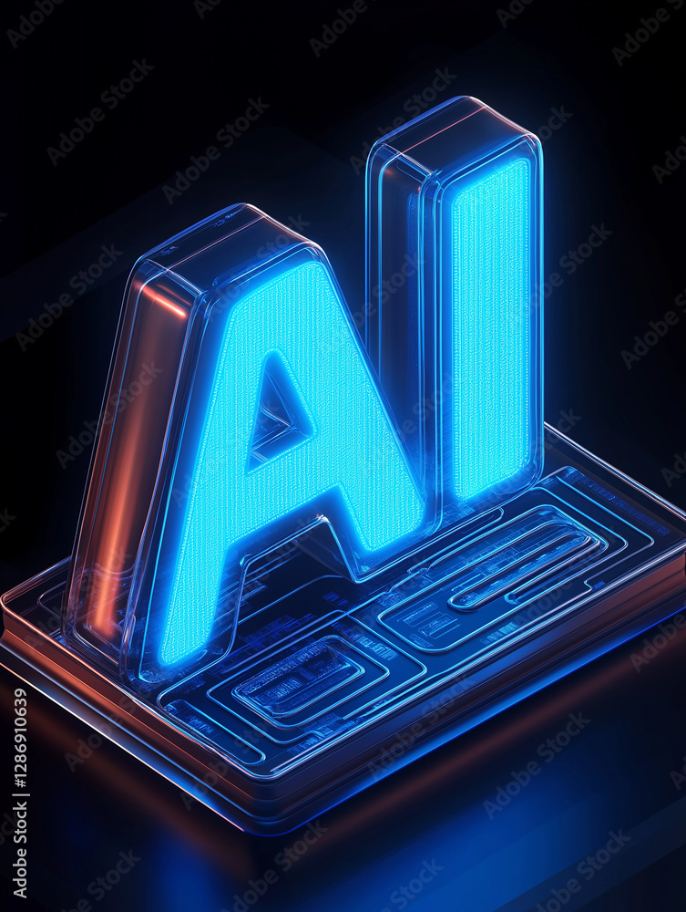 Poster Glowing ai lettering floating above microchip: artificial intelligence concept