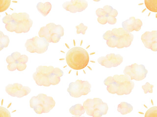 Pattern with cute sun and clouds, isolated watercolor seamless illustration for kids wallpapers, baby textile or background.