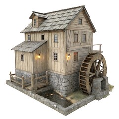 Weathered Old Mill on White Background: Rustic Craftsmanship and Fine Detail in Ultra-HD