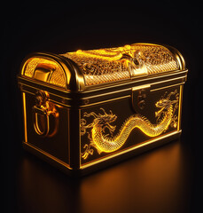 Golden treasure chest with glowing dragon design on dark background