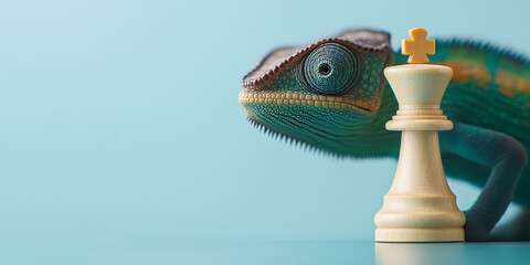 A chameleon stands with its head near a chess piece, against a light blue background. Represents strategy, adaptation, and the intersection of nature and tactics.