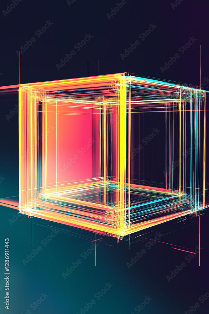 Poster vibrant abstract cube glowing with light trails on dark background