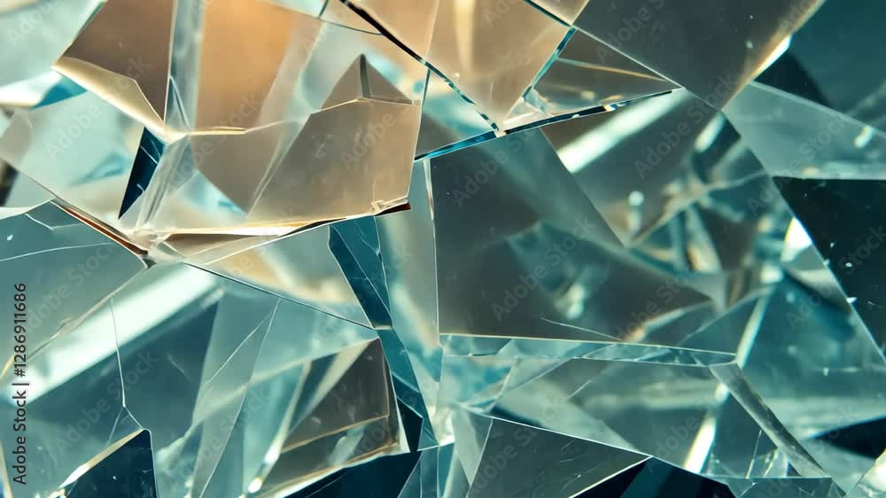 Poster fragments of shattered mirrors reflecting chaotic patterns and light in a disordered arrangement, cr