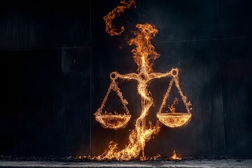 Burning scales of justice engulfed in flames against a dark background, symbolizing balance, power, and transformation. The fiery representation of Libra zodiac and law conveys intensity, fairness, an