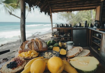 Fresh tropical breakfast spread on a rustic table by the beach featuring fruits, bread, and scenic ocean view with palm trees and outdoor kitchen